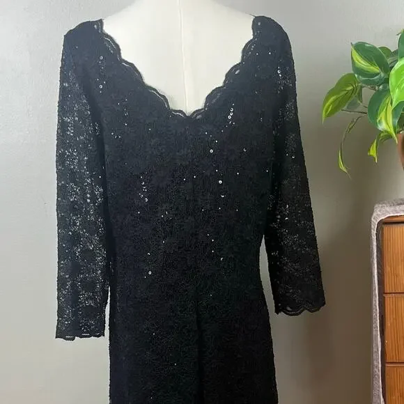Onyx Nite Black Sequin V Neck Knee Length Dress Size 16 - Picture 5 of 9